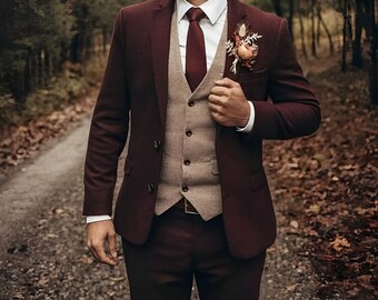 MEN MAROON TRAJE - Traje de boda granate - Traje de tweed granate - Traje de novio granate - Traje de desgaste de novio granate - Traje de hombre - Ropa de boda para hombres