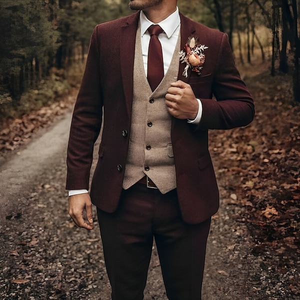 MEN MAROON SUIT - Maroon Wedding Suit - Maroon Tweed Suit - Maroon Groom Suit - Maroon Groom Wear Suit - Men Suit - Men Wedding Clothing