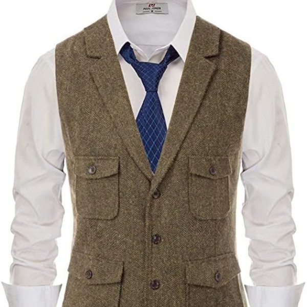Tweed Four Front Pocket Vest For Men Winter Wedding Wear And Brown Herringbone Tweed Jacket For Groom and Groomsmen Clothing