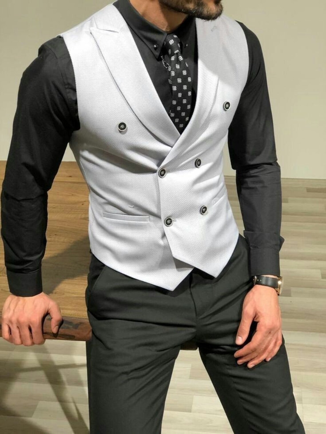 White Waist Coat for Men Vest for Groom and Groomsmen Wedding Wear