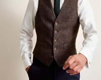 Men Brown Herringbone Tweed Vest For Winter Wedding Wear Groom/Groomsmen Vest/waistcoat