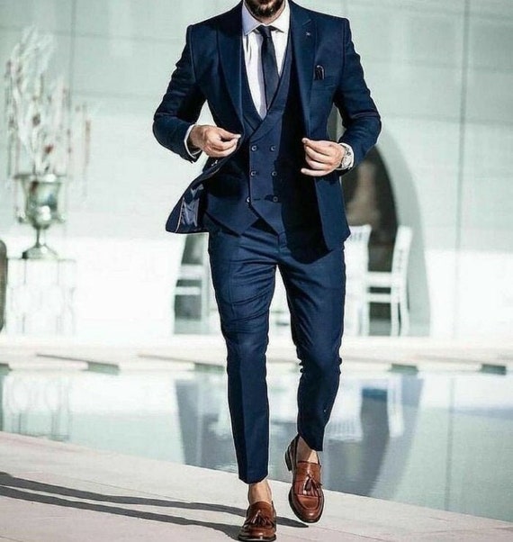 Men Suits 3 Piece Suit Wedding Wear Suit for Men Elegant Suit Gift for Him  Formal Fashion Blue Suit -  Israel