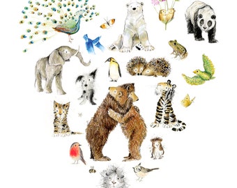 Animal Heart Giclee Print - A4 Print - "All Creatures Great and Small"