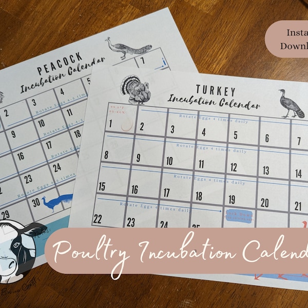 Printable Egg Incubation Calendar & tracker for Turkeys and Peafowl. Instant Download with daily egg care, important dates.