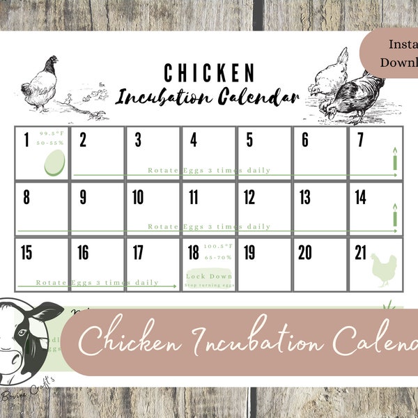 Printable Egg Incubation (Hatching) Calendar & tracker for Chickens ONLY. Instant Download with daily egg care, important dates.