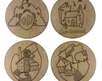 Welsh Valleys Laser Cut Wooden Round Coasters / Placemats single or sets - Grogg - Gren - Wales