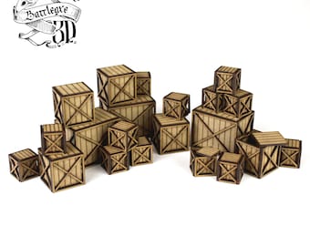 21 x Wooden Crates with lids - Wargame Terrain - 28mm - Scenery - Lasercut - Diorama