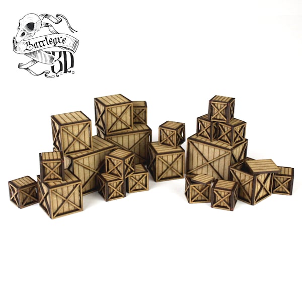 21 x Wooden Crates with lids - Wargame Terrain - 28mm - Scenery - Lasercut - Diorama