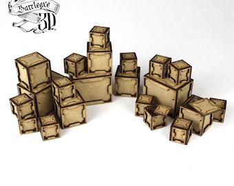 21 x Sci Fi Crates z pokrywkami - Teren do gier wojennych - 28 mm - Sceneria - Cięcie laserowe - Diorama