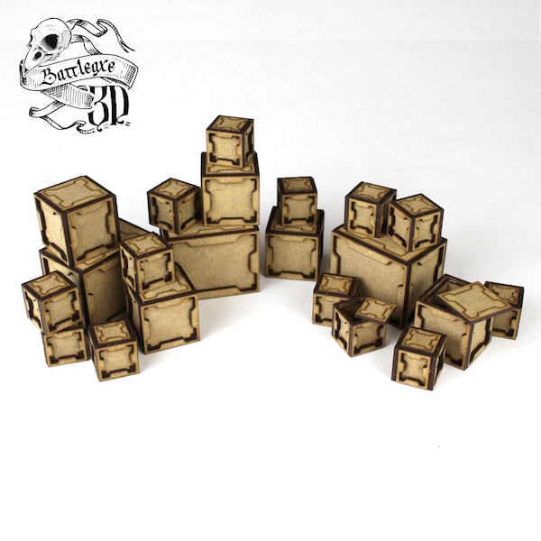 21 x Sci Fi Crates with lids - Wargame Terrain - 28mm - Scenery - Lasercut - Diorama