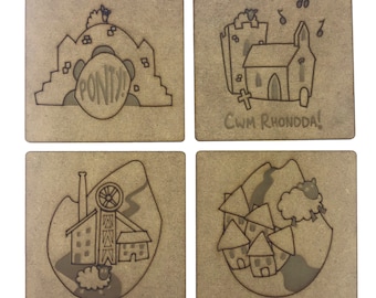 Welsh Valleys Laser Cut Wooden Square Coasters / Placemats single or sets - Grogg - Gren - Wales