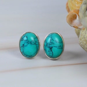 Blue Turquoise 925 Sterling Silver Gemstone Stud Earring ~ Handmade Jewelry ~ December Birthstone ~ Oval Shape ~ Gift For Birthday