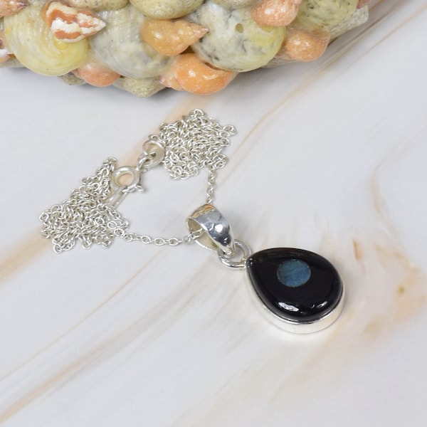 Black Onyx 925 Sterling Silver Natural Multi Gemstone Black Ethiopian Opal Chain Pendant W/ or W/o Chain, Handmade Jewelry,Gift For Birthday