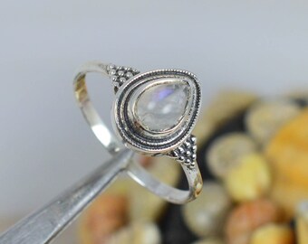 Rainbow Moonstone 925 Sterling Silver Gemstone Ring ~ Handmade Jewelry ~ June Birthstone ~ Pear Shape ~ Dseigner Ring ~ Gift For Her