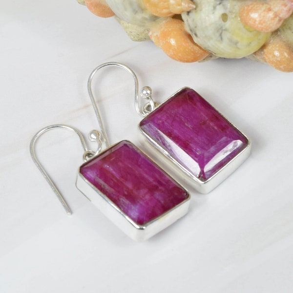 Red Ruby 925 Sterling Silver Square Gemstone 1 Pair Faceted Hook Earring ~ July Month Birthstone ~ Handmade Jewelry ~ Gift For Anniversary
