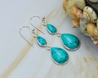 Blue Turquoise 925 Sterling Silver Gemstone 1 Pair ~Hook Earring~ Handmade Jewelry