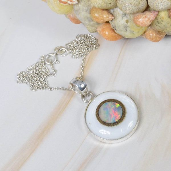 Ethiopian Opal 925 Sterling Silver Natural Multi Gemstone Mother Of Pearl Chain Pendant W/ or W/o Chain, Handmade Jewelry, Gift For Birthday