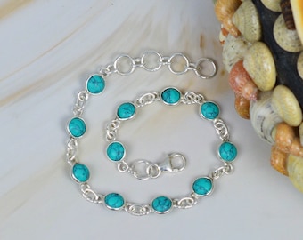 Blue Turquoise 925 Sterling Silver Adjustable Bracelet ~ Round Shape Bracelet ~ Handmade Jewelry ~ Gift For Christmas ~ 11 Stone Bracelet