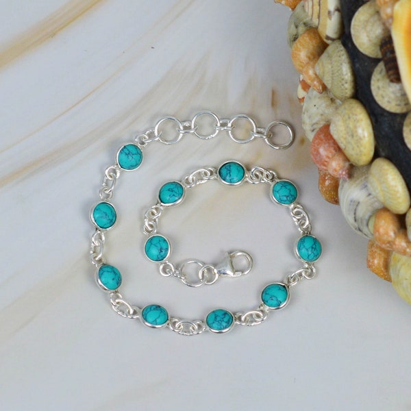 Blue Turquoise 925 Sterling Silver Adjustable Bracelet ~ Round Shape Bracelet ~ Handmade Jewelry ~ Gift For Christmas ~ 11 Stone Bracelet