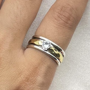 Blue Topaz Two Tone 925 Sterling Silver Natural Gemstone Meditation Band Ring, Anxiety Ring, Unisex Ring, Gift For Christmas, Size -7/UK -N