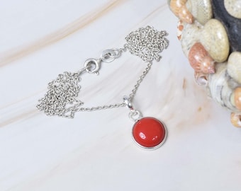 Red Coral 925 Sterling Silver Gemstone Chain Pendant W/ or W/o Chain ~ May Birthstone ~ Round Shape ~ Handmade Jewelry ~ Gift For Birthday