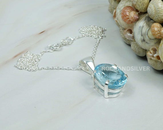 Ciondolo Ovale In Argento Con Topazio Blu, Collana Donna Lunga 18 Pollici, Elegante E Di Tendenza