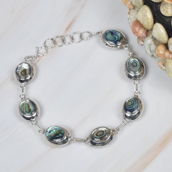 Natural Abalone Shell 925 Sterling Silver Gemstone Adjustable Bracelet ~ Handmade Jewelry ~ Gift For Christmas ~ 7 Stone Bracelet