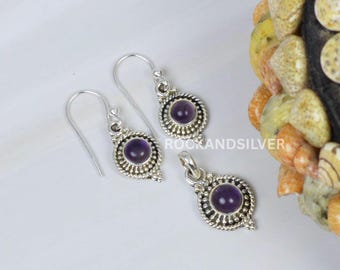 Amethyst Sterling Silver Pendant Earring Set: Boho February Birthstone