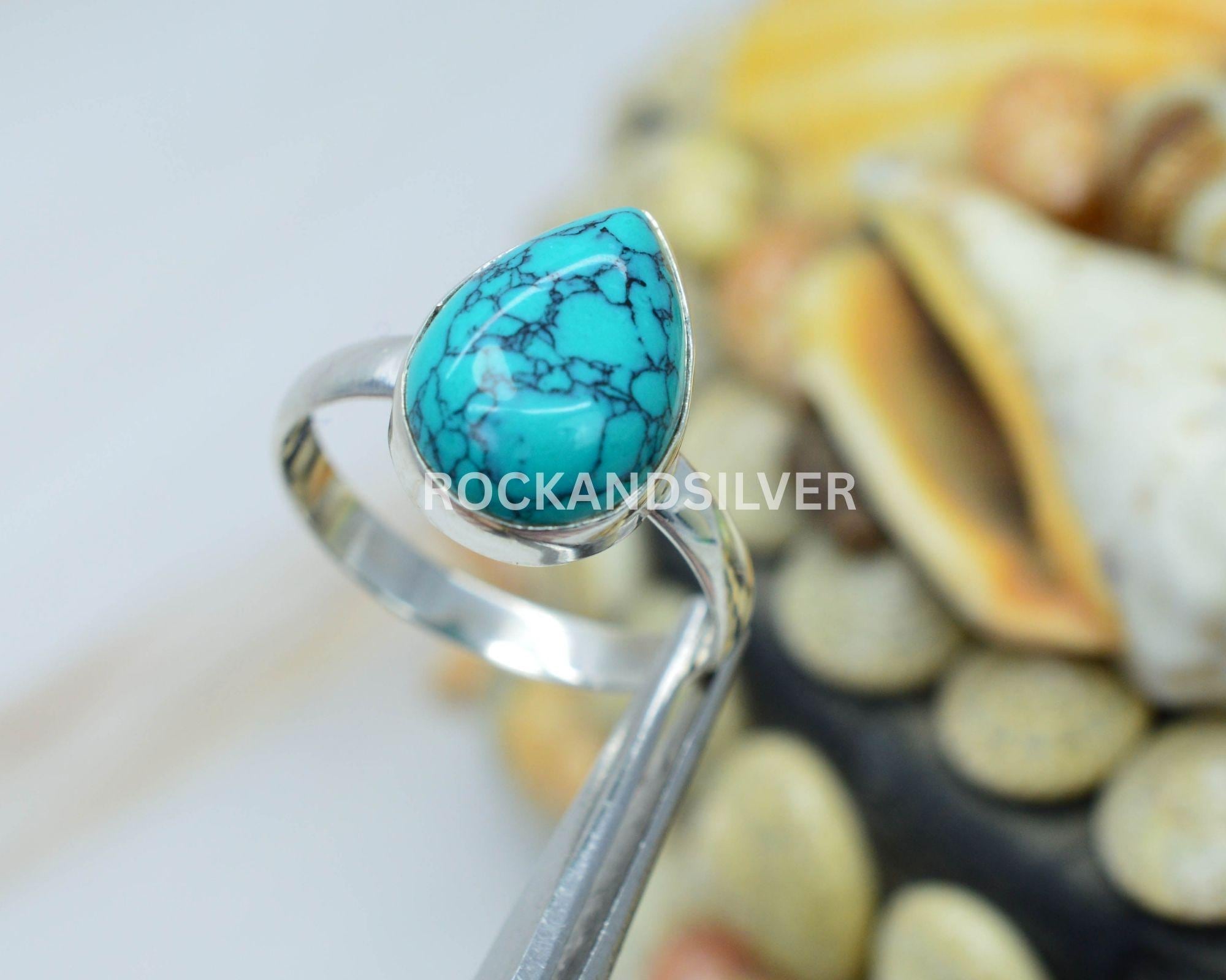 Blue Turquoise 925 Solid Sterling Silver Handmade Pear Shaped Ring