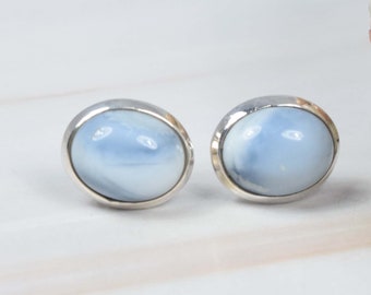 Blue Peruvian Opal 925 Sterling Silver Oval Shape Gemstone Stud Earring, Handmade Jewelry, October Birthstone, Gift For Birthday