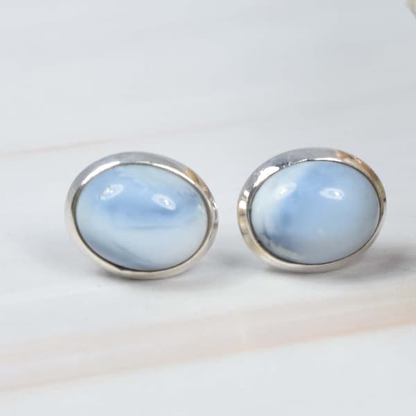 Blue Peruvian Opal 925 Sterling Silver Oval Shape Gemstone Stud Earring, Handmade Jewelry, October Birthstone, Gift For Birthday