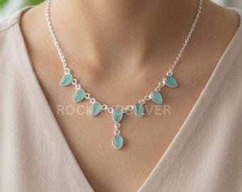 Aqua Chalcedony Sterling Silver Necklace: Boho Dainty Choker