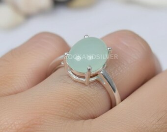 アクアカルセドニースターリングシルバーリング：ハンドメイドオーバル