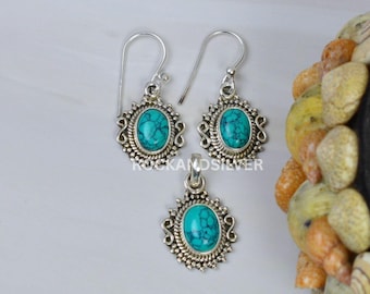 Turquoise Sterling Silver Pendant Earring Set: December Birthstone Jewelry
