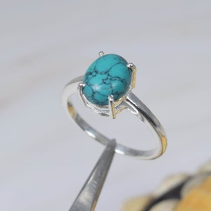 Anel de Prata Esterlina 925 Azul Turquesa: Pedra Preciosa Oval, Estilo Minimalista