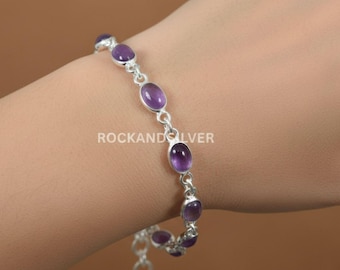 Amethyst Sterling Silver Oval Bracelet - Adjustable Handmade Jewelry