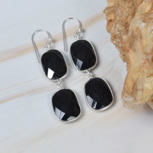 Cut Black Onyx 925 Sterling Silver Gemstone 1 Pair Elegant Hook Earring ~ Handmade Jewelry ~ Gift For Women ~ 2 Stone Earring