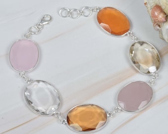 Multi Faceted Big Gemstone 925 Sterling Silver Adjustable Bracelet Jewelry, Rose Quartz, Citrine Quartz, Gift For Birthday, 6 Stone Bracelet