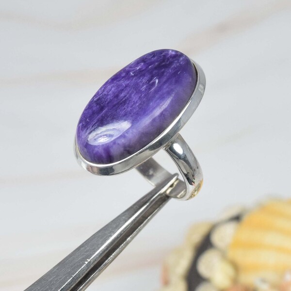 Purple Charoite 925 Sterling Silver Gemstone Ring ~ Handmade Jewelry ~ June Birthstone ~ Oval Shape ~ Gift For Her ~ Ring Size US- 8/ UK- P