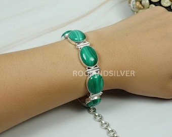 Pulsera de malaquita verde en plata de ley: joyería con piedras preciosas ajustable