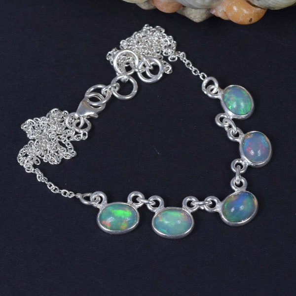Ethiopian Opal 925 Sterling Silver Natural Oval Shape Gemstone Chain Necklace ~ October Birthstone ~ Handmade Jewelry ~ Gift For Anniversary