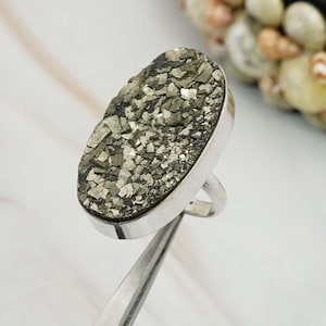 Natural Green Pyrite 925 Sterling Silver Oval Shape Gemstone Big Ring, Handmade Jewelry, Unisex Ring, Bohemian Ring, Gift For Anniversary