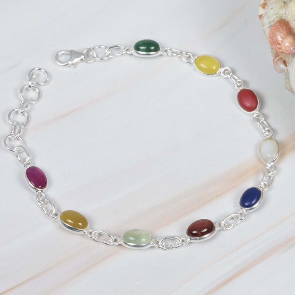 Navratan Bracelet 925 Sterling Silver Multi Natural Gemstone Adjustable Bracelet, Handmade Jewelry, Gift For Valentine Day, 9 Stone Bracelet