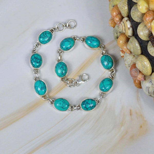 Blue Turquoise 925 Sterling Silver Gemstone Adjustable Bracelet ~ Oval Bracelet ~ Handmade Jewelry ~ Gift For Christmas ~ 10 Stone Bracelet