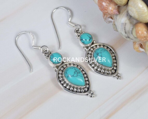 Orecchini Pendenti In Argento 925 Con Turchese Naturale Vintage, Filigrana, Pietra 10x8 Mm, Regalo In Elegante Scatola Portagioie