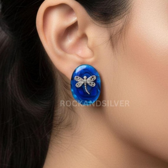 Orecchini a bottone in argento sterling S925 con libellula in