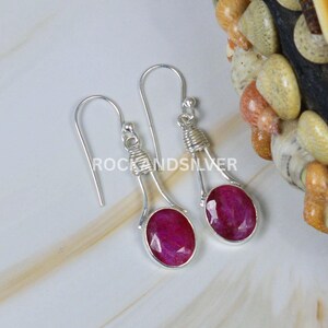 Red Ruby Sterling Silver Hook Earrings: Handmade Oval Gemstone Jewelry
