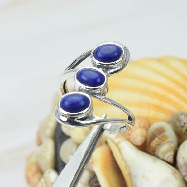 Blue Lapis Lazuli 925 Sterling Silver Gemstone Ring ~ Handmade Jewelry ~ Designer Ring ~ Elegant Ring ~ Gift For Christmas ~ 3 Stone Ring