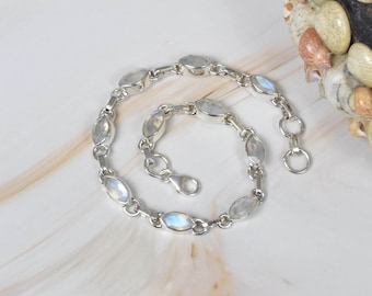 Cut Rainbow Moonstone 925 Sterling Silver Marquise Gemstone Adjustable Bracelet ~ June Birthstone ~ Gift For Anniversary ~ 10 Stone Bracelet