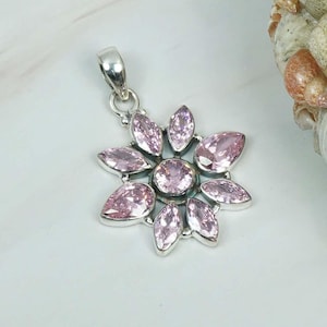 Cut Pink Topaz 925 Sterling Silver Natural Gemstone Flower Designer Pendant, November Month Birthstone, Handmade Jewelry, Gift For Christmas